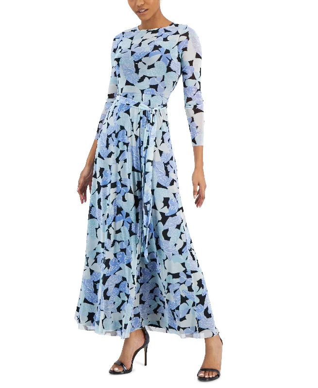 Women's Butterfly-Print Belted 3/4-Sleeve Maxi Dress Fashionable Button-Down Maxi Dress