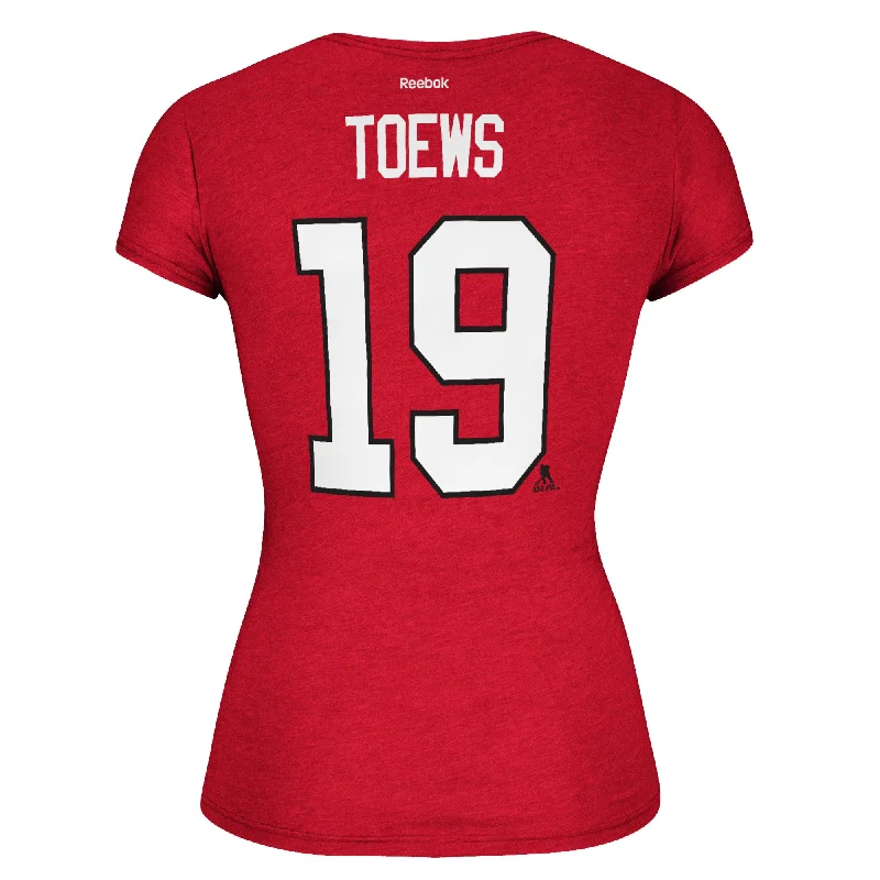 Women's Chicago Blackhawks Jonathan Toews #19 Cap Sleeve T-Shirt NHL Reebok Tee Iron Safe Non-Iron Wrinkle Free