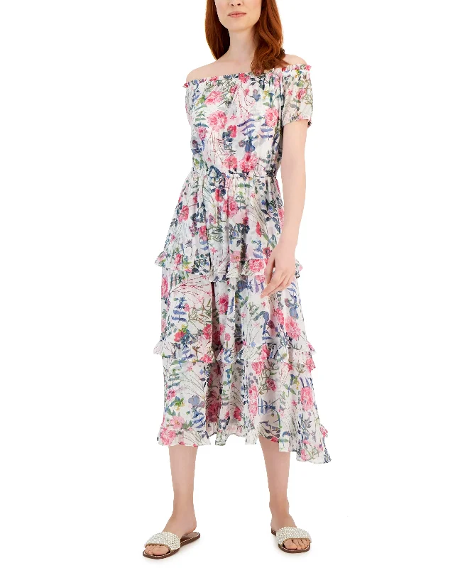 Women's Floral Print Off-The-Shoulder Maxi Dress Trendy Button Front Maxi Dress