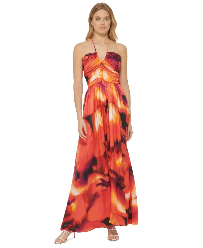 Women's Printed Sleeveless Halter Maxi Dress Stylish A-Line Maxi Dress