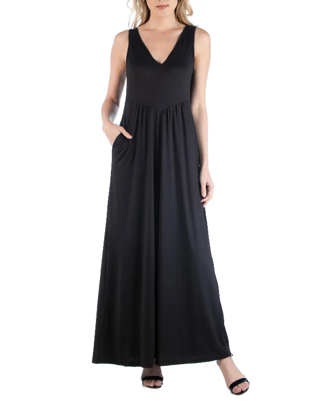 Women's Sleeveless V-Neck Maxi Dress with Pocket Detail Fashionable Maxi Dress with Fringe