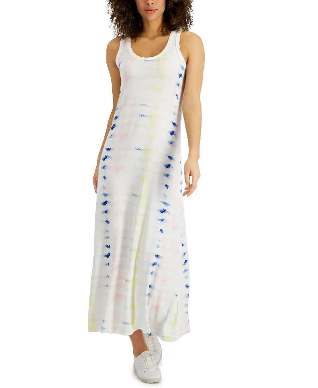 Women's Tie-Dyed Print Sleeveless Maxi Dress Trendy Maxi Dress with Belt