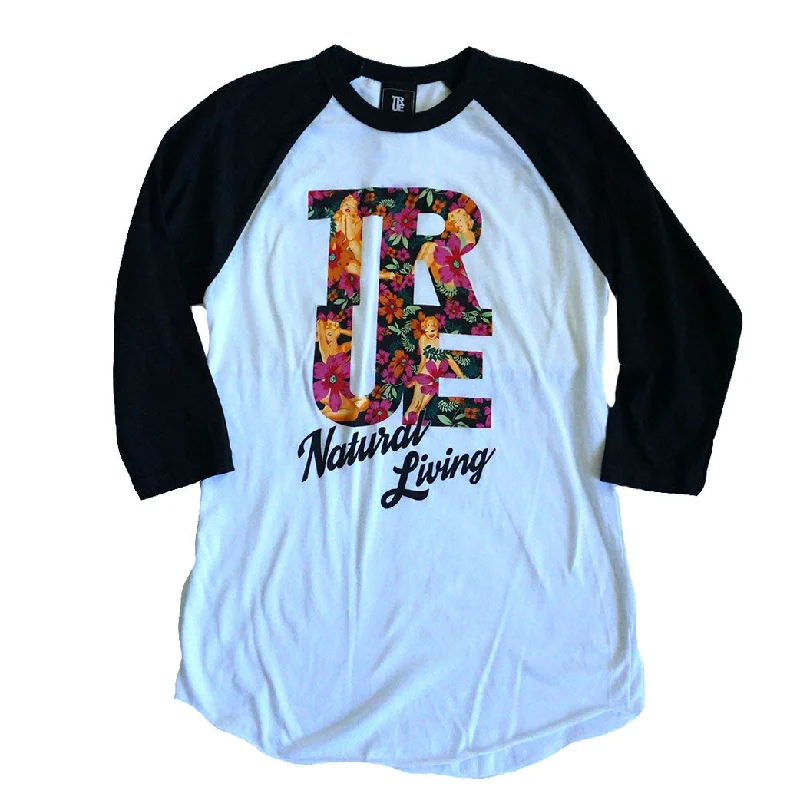 Womens True Natural Living Raglan T-Shirt White/Black Solid Print Embellished