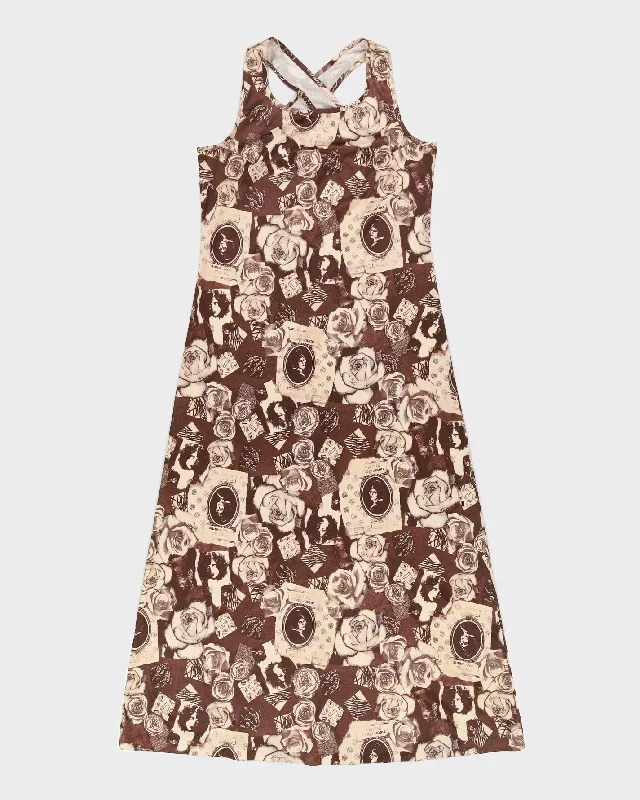 Y2K 00s The Original Inc Brown Scrapbook Print Maxi Dress - S/M Casual Maxi Dress with Pockets