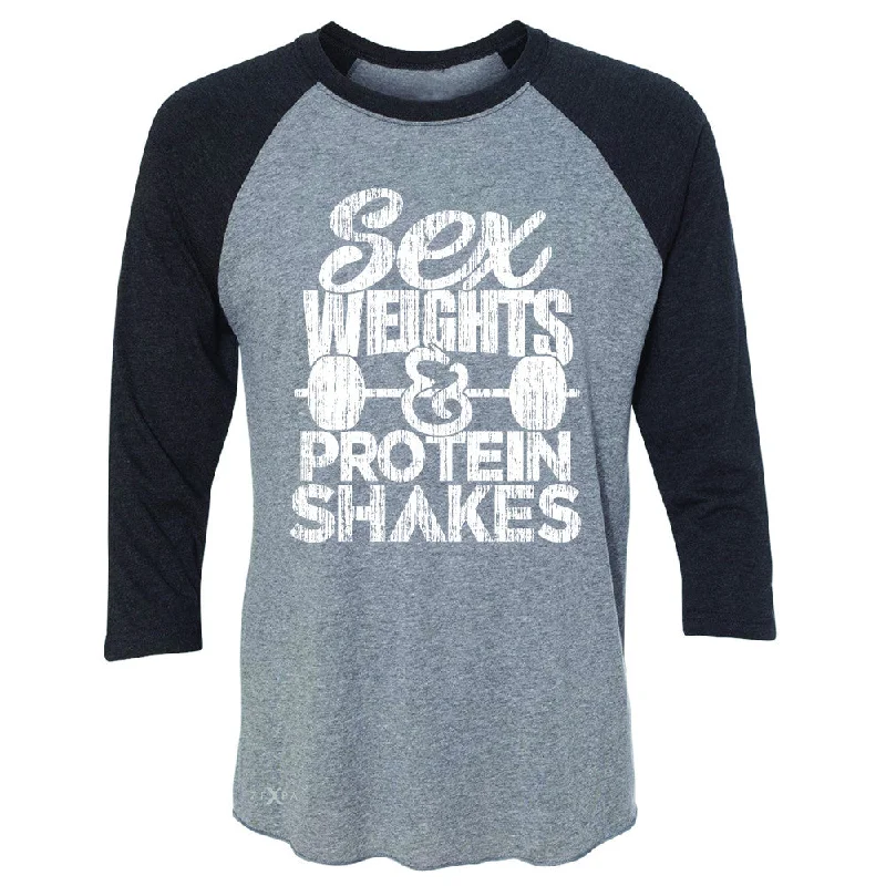 Zexpa Apparel™ Sex Weight Protein Shakes 3/4 Sleevee Raglan Tee Funny Cool Gym Workout Tee Cotton Fabric Linen Fabric Terry Fabric