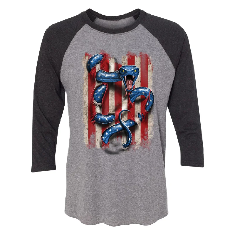 Zexpa Apparelâ„¢ Patriotic American Serpent Snake 3/4 Raglan Tee Fitted T-Shirt Seamless Stretchy