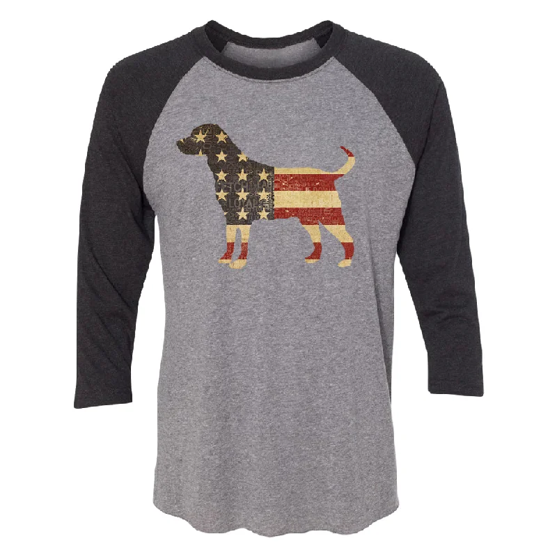 Zexpa Apparelâ„¢ Patriotic American Flag Dog Silhouette 3/4 Raglan Tee Mesh Fabric Canvas Fabric Denim Fabric