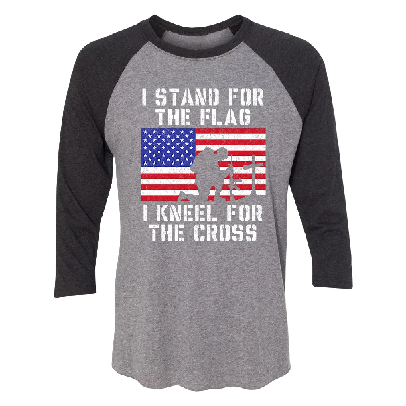 Zexpa Apparelâ„¢ Stand for USA Flag Kneel for Cross 3/4 Raglan Tee Collared Crew Neck Turtle Neck