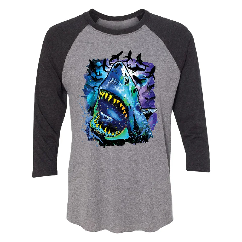 Zexpa Apparelâ„¢ Neon Black Light Cosmo Shark 3/4 Raglan Tee Silk Blend Satin Velvet