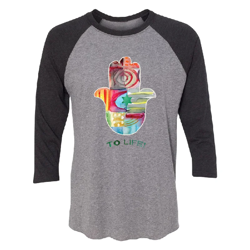 Zexpa Apparelâ„¢ To Life Hamsa Hand Colorful 3/4 Raglan Tee Hooded Caped Shawl Collar Zexpa Apparelâ„¢ To Life Hamsa Hand Colorful 3/4 Raglan Tee Hooded Caped Shawl Collar