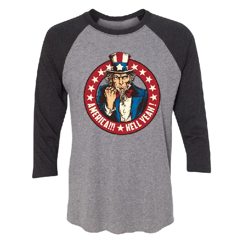 Zexpa Apparelâ„¢ Patriotic America Hell Yeah 3/4 Raglan Tee Collared T-Shirt Boat Neck A-Line