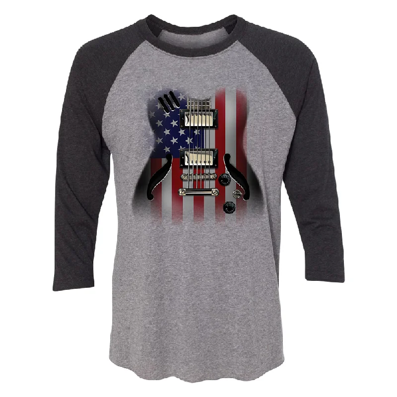 Zexpa Apparelâ„¢ Patriotic American Flag Guitar 3/4 Raglan Tee Graphic Embroidered Appliqued