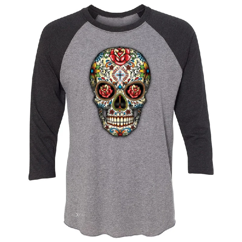 Zexpa Apparelâ„¢ Sugar Skull Red Roses 3/4 Sleevee Raglan Tee Day of Dead Dia de Muertos Tee Cashmere Blend Cotton Blend Poly Blend Zexpa Apparelâ„¢ Sugar Skull Red Roses 3/4 Sleevee Raglan Tee Day of Dead Dia de Muertos Tee Cashmere Blend Cotton Blend Poly Blend