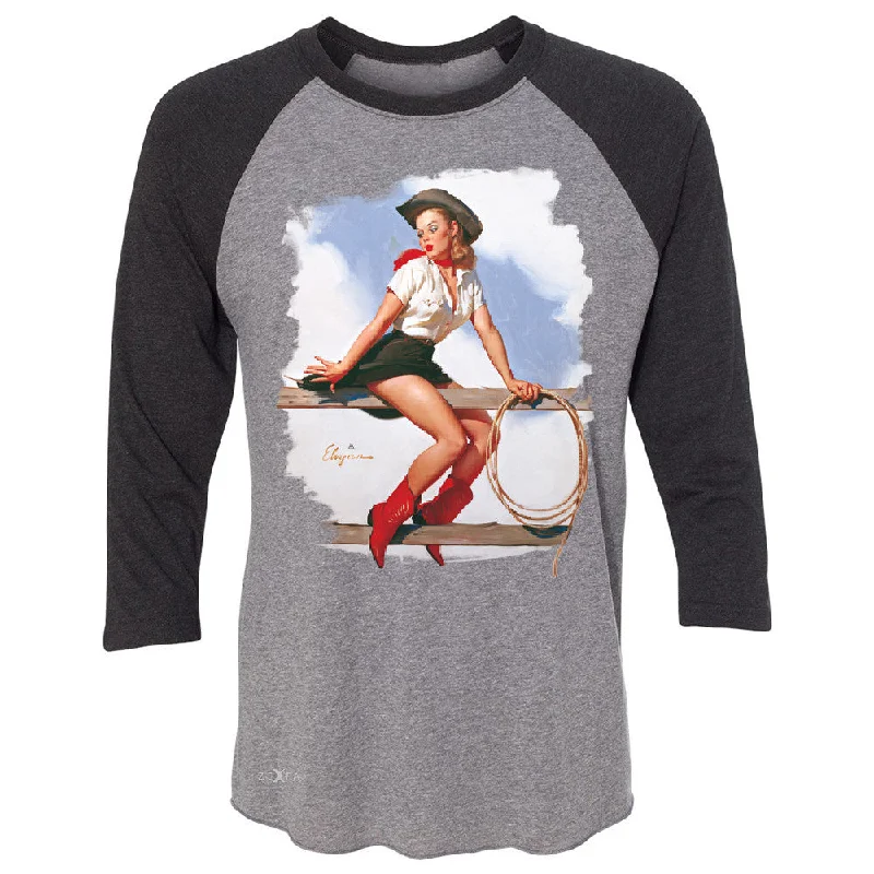 Zexpa Apparelâ„¢ Pin-Up Cowgirl Hi Ho Silver 3/4 Sleevee Raglan Tee Cool Western Pin Up Tee Modern Contemporary Chic