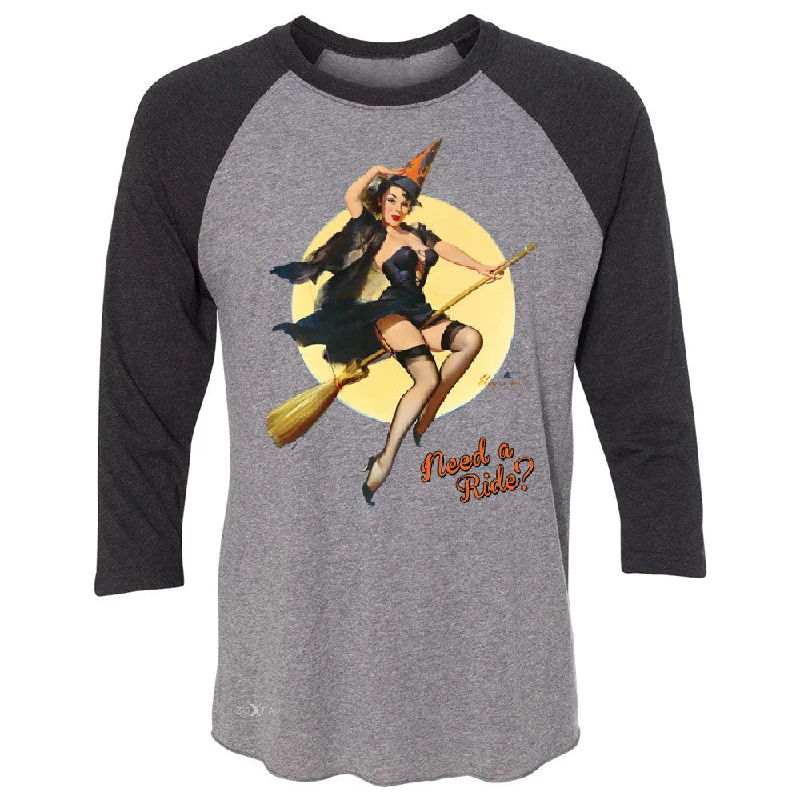 Zexpa Apparelâ„¢ Pin-Up Riding High 3/4 Sleevee Raglan Tee Halloween Witch Magic Broom Tee Fleece Fabric Down Fabric Feather Fabric