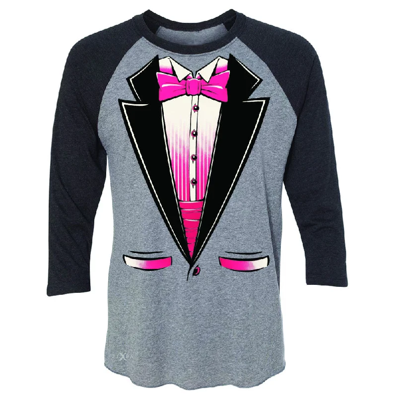 Zexpa Apparel™ Pink Smokin Tuxedo Cool 3/4 Sleevee Raglan Tee Halloween Costume Tee Striped Floral Plaid