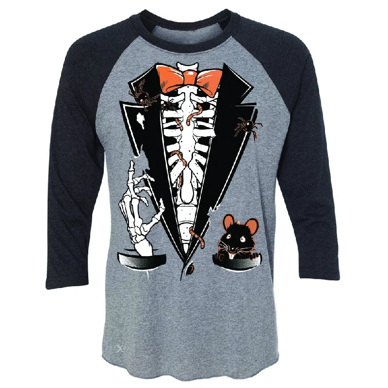 Zexpa Apparel™ Rib Cage Skeleton Tuxedo 3/4 Sleevee Raglan Tee Halloween Costume Tee Fleece Nylon Spandex