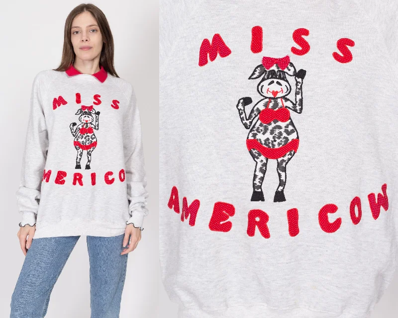 2X 90s "Miss Americow" Collared Cow Sweatshirt Hoodie with Exposed Zipper Edgy Industrial