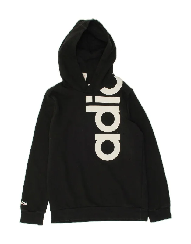 ADIDAS Boys Graphic Hoodie Jumper 10-11 Years Black Cotton Hoodie with Drawstring Waist Adjustable Fitted