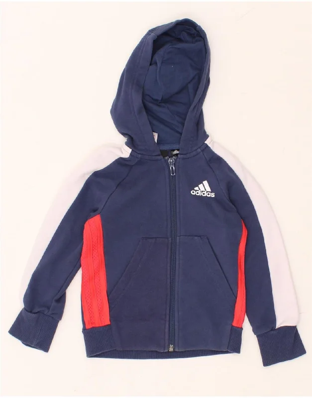 ADIDAS Boys Graphic Zip Hoodie Sweater 4-5 Years Blue Colourblock Cotton Hoodie with Zipper Versatile Modern