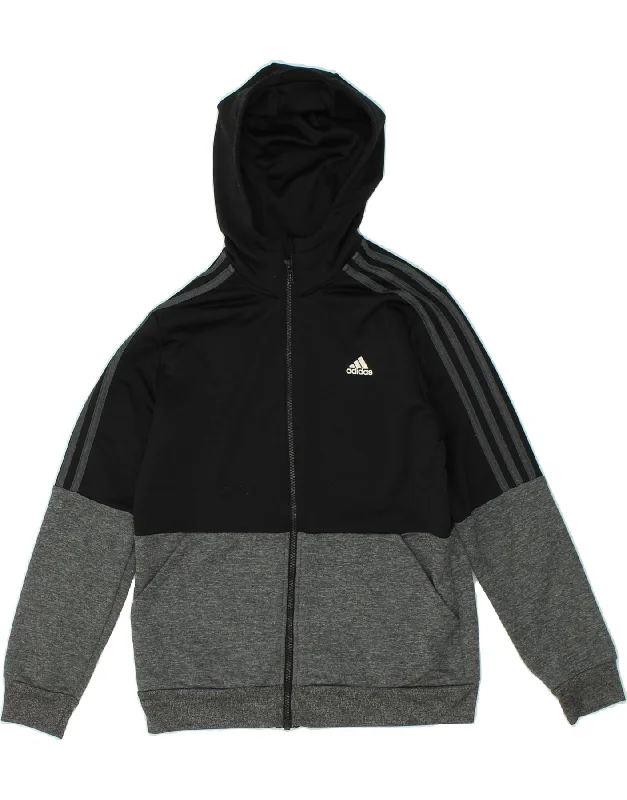 ADIDAS Boys Zip Hoodie Sweater 13-14 Years Black Colourblock Polyester Hoodie with Contrast Stitching Detailed Premium