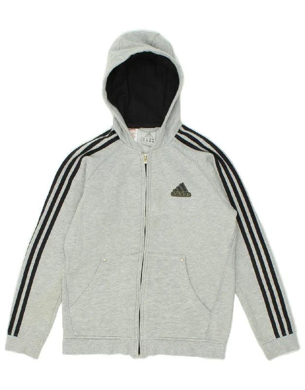 ADIDAS Boys Zip Hoodie Sweater 13-14 Years Grey Cotton Hoodie with Full-Zip Functional Layering