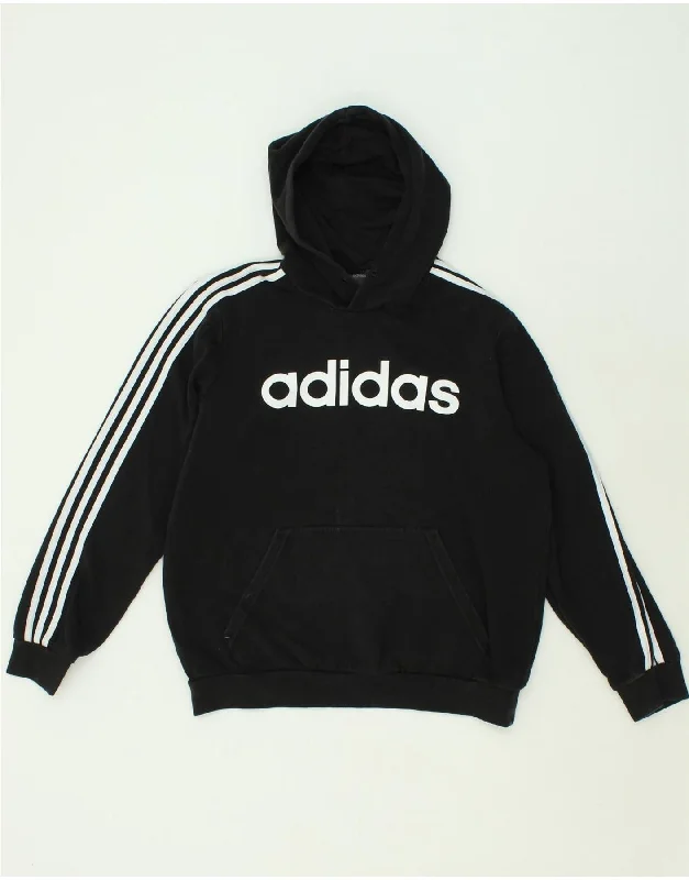 ADIDAS Mens Graphic Hoodie Jumper Large Black Cotton Hoodie with Applique Textured Unique