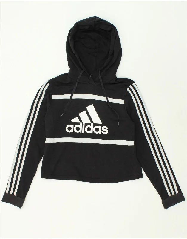 ADIDAS Womens Crop Graphic Hoodie Jumper UK 4/6 XS Black Cotton Hoodie with Button Placket Classic Preppy