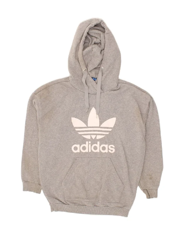 ADIDAS Womens Graphic Hoodie Jumper UK 14 Large Grey Cotton Hoodie with Distressed Vintage Worn