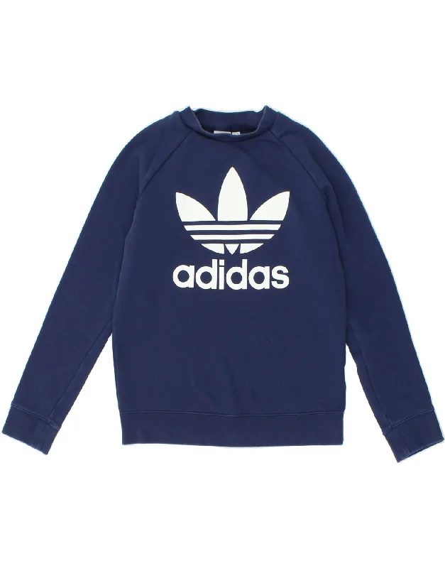 ADIDAS Womens Graphic Sweatshirt Jumper UK 10 Small Navy Blue Cotton Hooded Sweatshirt Casual Wear Street Style