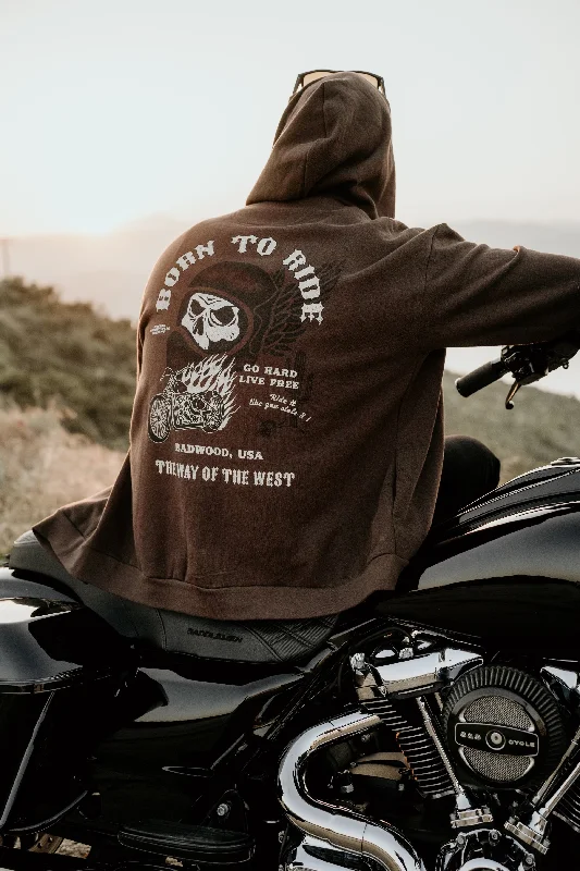 "BORN TO RIDE" Zip Up Hoodie in DIRT Hoodie with Cuffed Sleeves Snug Secure