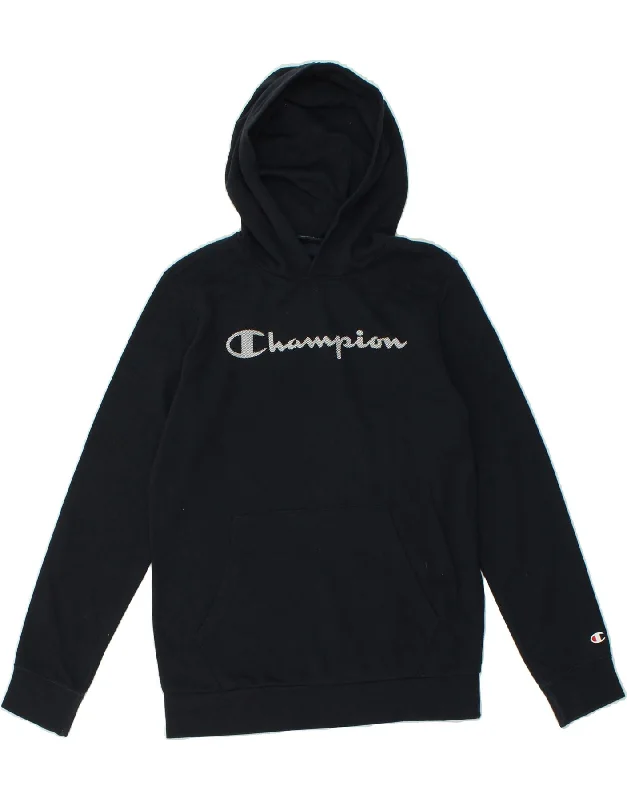 CHAMPION Boys Graphic Hoodie Jumper 13-14 Years XL Navy Blue Hoodie with Relaxed Fit Easy Casual