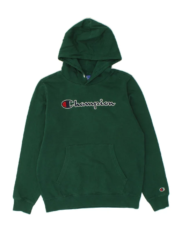 CHAMPION Boys Graphic Hoodie Jumper 15-16 Years 2XL Green Cotton Hoodie with Ribbed Neckline Snug Warm