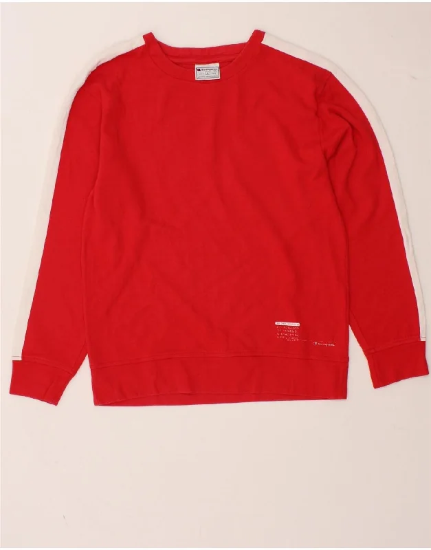 CHAMPION Mens Sweatshirt Jumper Small Red Colourblock Cotton Hoodie with Hem Fringe Bohemian Relaxed