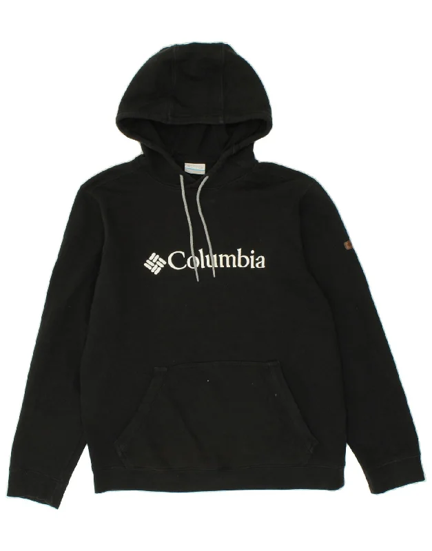 COLUMBIA Mens Graphic Hoodie Jumper Medium Black Cotton Hoodie with Stripes Bold Sporty