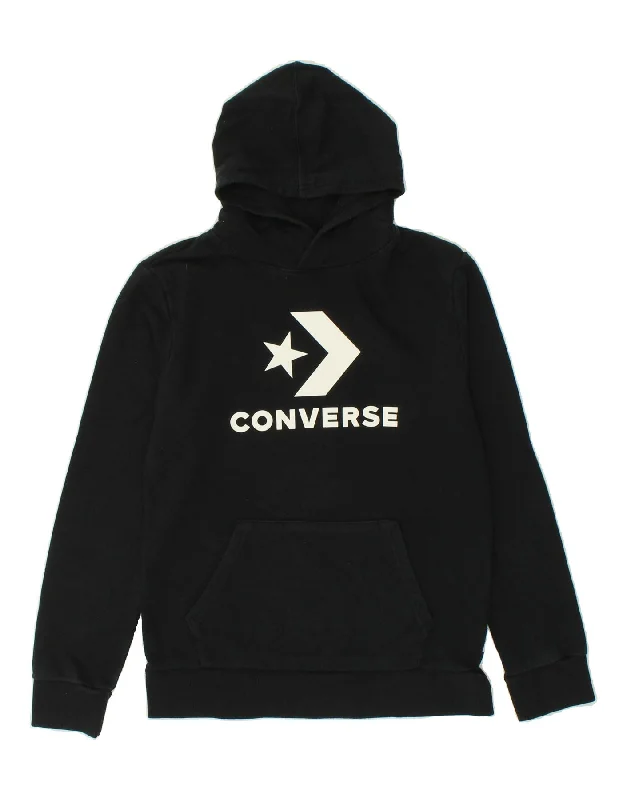 CONVERSE Boys Graphic Hoodie Jumper 13-14 Years XL Black Cotton Hoodie with Batwing Sleeves Loose Dramatic