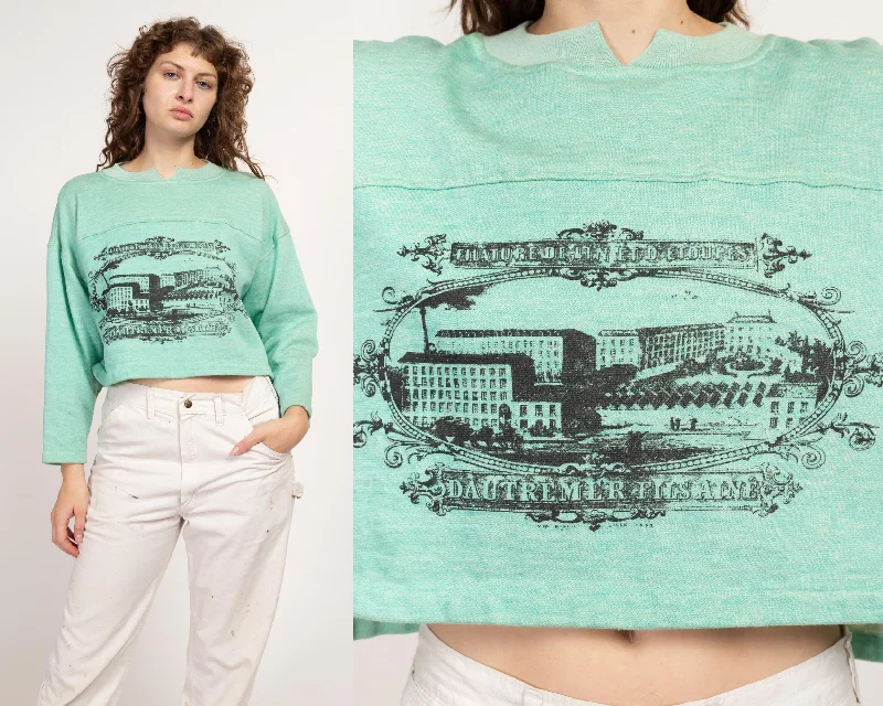 Large 80s Gitano Mint Green French Crop Top Sweatshirt NWT Hoodie with Distressed Vintage Worn