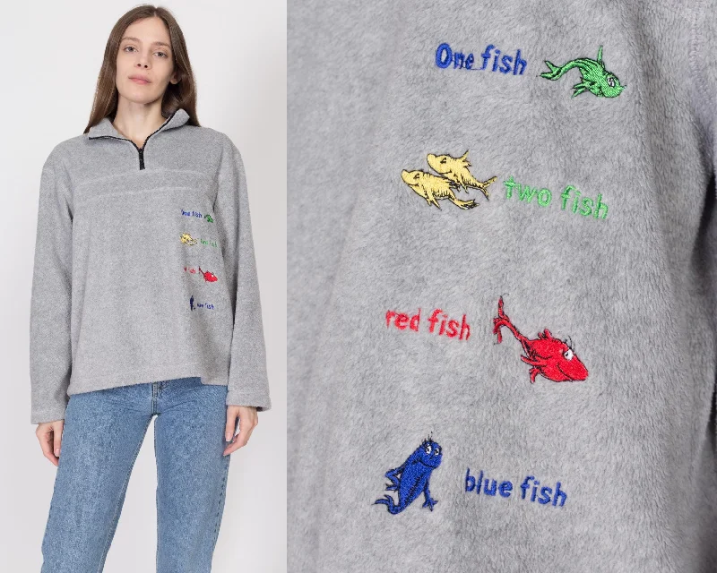 Large 90s Dr Seuss One Fish Two Fish Fleece Sweatshirt Hoodie with Contrast Stitching Detailed Premium