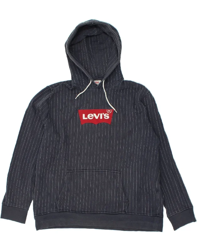 LEVI'S Mens Graphic Hoodie Jumper 2XL Navy Blue Striped Cotton Hoodie with Pattern Geometric Abstract