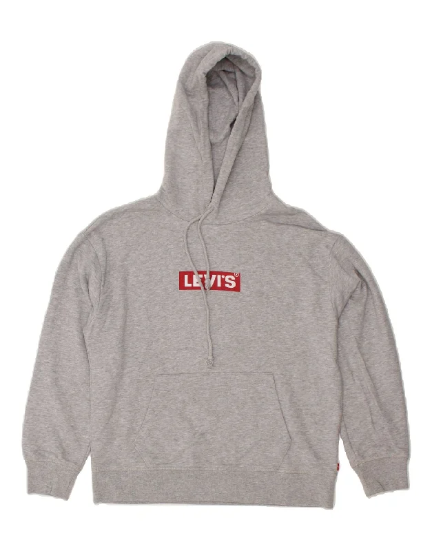 LEVI'S Mens Graphic Hoodie Jumper Medium Grey Cotton Hoodie with Puffed Sleeves Voluminous Trendy