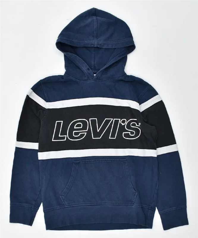 LEVI'S Mens Graphic Hoodie Jumper Small Navy Blue Cotton Hoodie with Camouflage Military Edgy