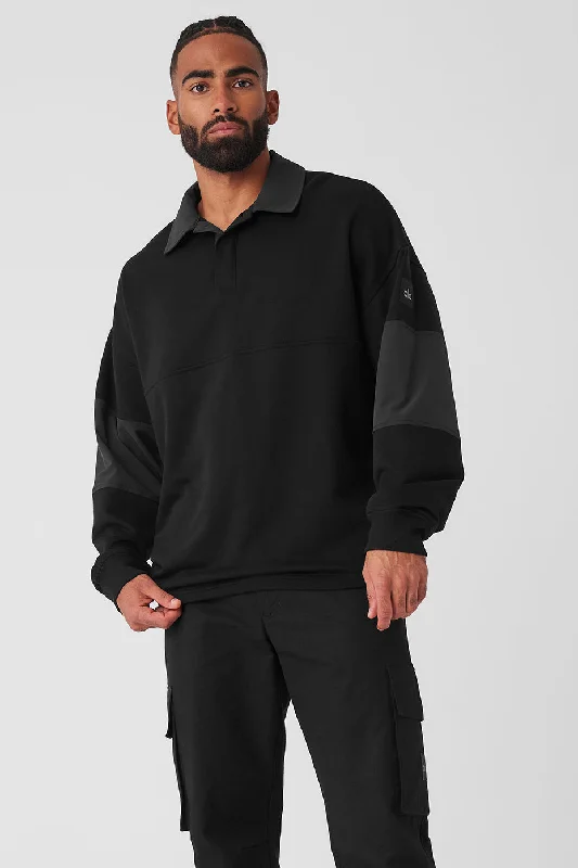 Mixmatch Rugby Sweatshirt - Black Hoodie with Set-In Sleeves Structured Classic