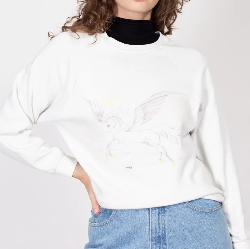 Med-Lrg 90s White Unicorn Faded Airbrush Graphic Sweatshirt Hoodie with Button Classic Timeless