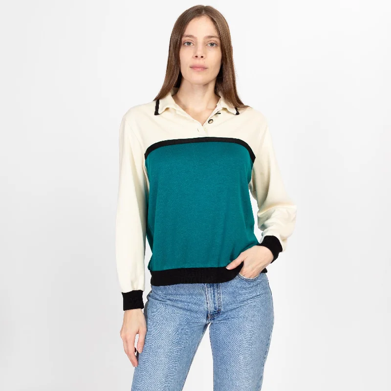 Medium 80s Color Block Collared Sweatshirt Top Hoodie with Ribbed Hem Stretchable Secure