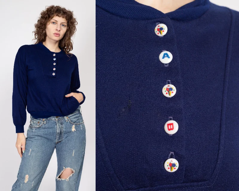 Medium 80s Navy Blue Novelty Button Henley Sweatshirt Hoodie with Hem Elastic Stretchable Comfortable