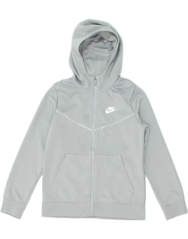 NIKE Boys Zip Hoodie Sweater 10-11 Years Medium Grey Polyester Hoodie with Frayed Bohemian Relaxed