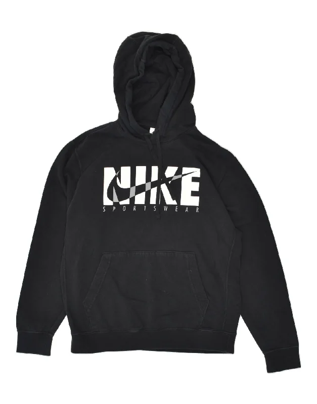 NIKE Mens Graphic Hoodie Jumper Medium Black Cotton Hoodie with Hem Embroidery Detailed Premium NIKE Mens Graphic Hoodie Jumper Medium Black Cotton Hoodie with Hem Embroidery Detailed Premium