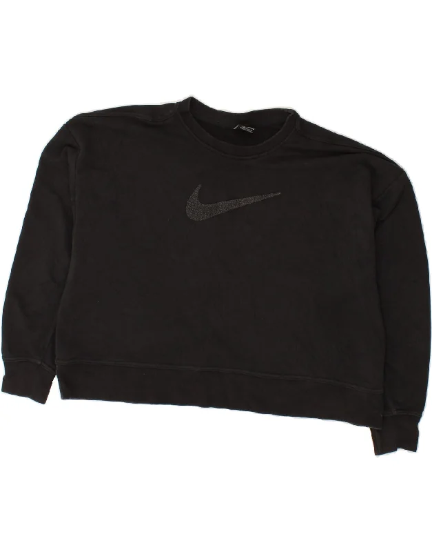 NIKE Womens Crop Graphic Sweatshirt Jumper UK 16 Large Black Cotton Hoodie with Elastic Cuffs Stretchable Comfortable