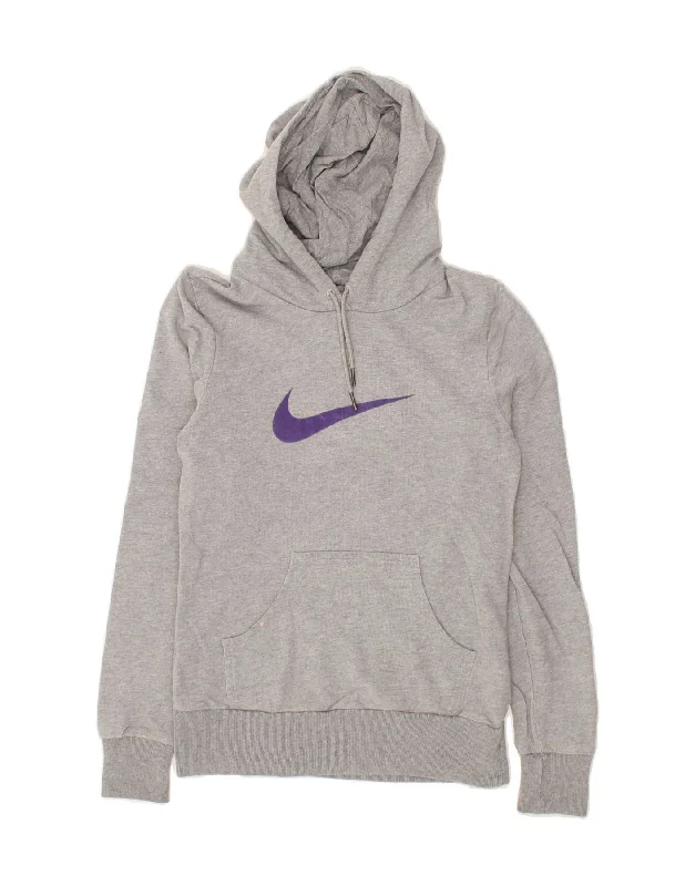 NIKE Womens Graphic Hoodie Jumper UK 12/14 Medium Grey Cotton Hoodie with Thumb Holes Functional Cozy