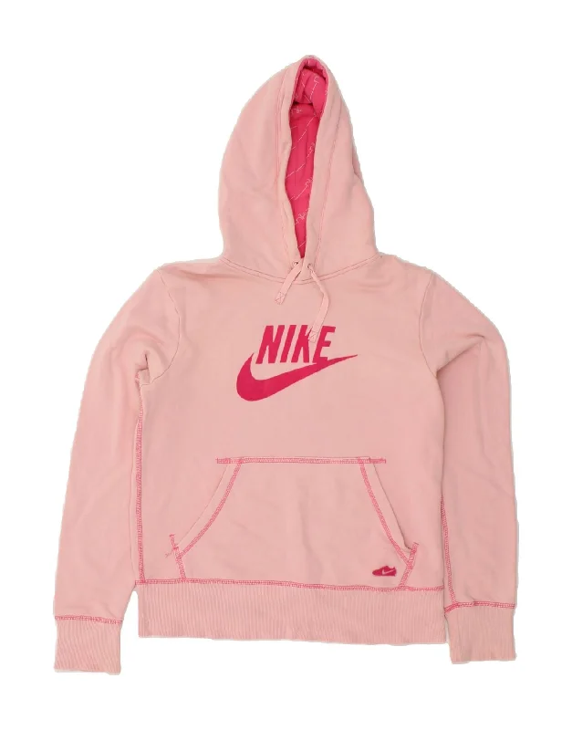 NIKE Womens Graphic Hoodie Jumper UK 14 Large Pink Cotton Hoodie with Front Slit Layering Stylish